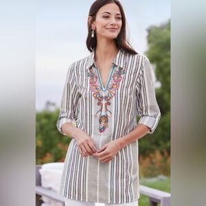Soft Surroundings Brookhaven Embroidered Striped Top Size Medium Side Pockets